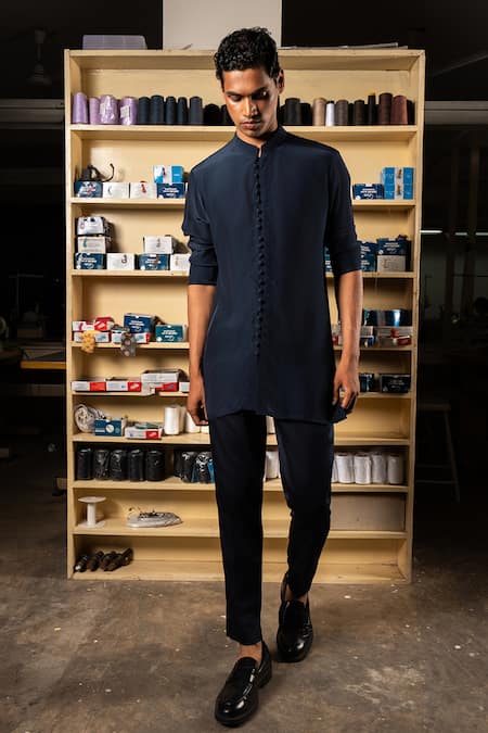 Shop_Project Bandi_Blue Kurta Viscose Natural Crepe Plain Sheher Set _at_Aza_Fashions