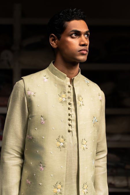 Project Bandi Floral Embroidered Green Bundi 