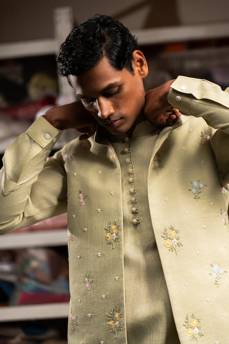 Project Bandi_Green Pure Linen Embroidery Thread Floral Bundi _Online_at_Aza_Fashions