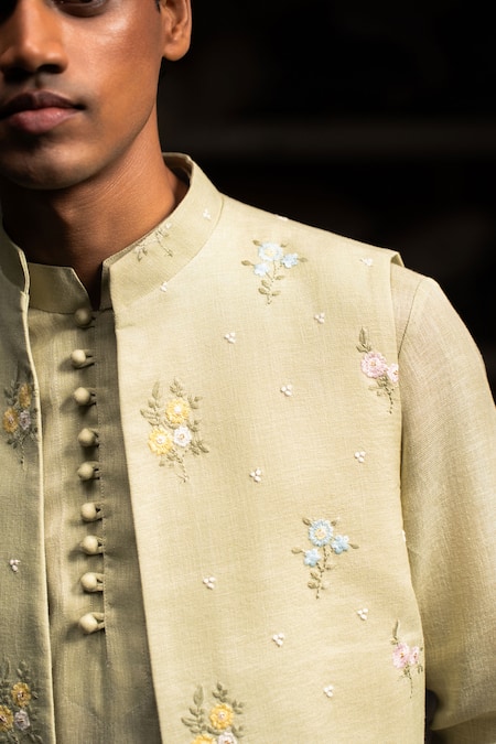 Buy_Project Bandi_Green Pure Linen Embroidery Thread Floral Bundi _Online_at_Aza_Fashions