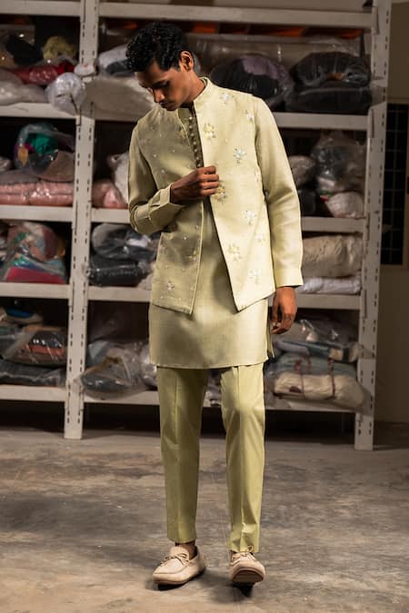 Project Bandi Floral Embroidered Green Bundi & Kurta Set 