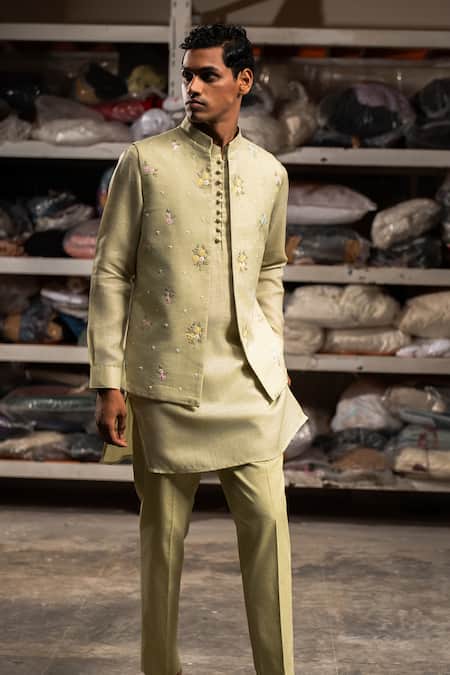 Buy_Project Bandi_Green Bundi Pure Linen Embroidery Thread Floral And Kurta Set _Online_at_Aza_Fashions