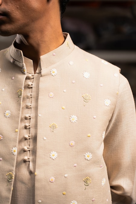 Project Bandi Beige Thread Embroidered Bundi 