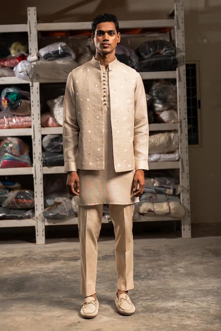 Project Bandi Beige Thread Embroidered Bundi & Kurta Set 