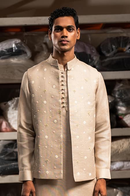 Project Bandi_Beige Bundi Pure Linen Embroidery Thread And Kurta Set _Online_at_Aza_Fashions