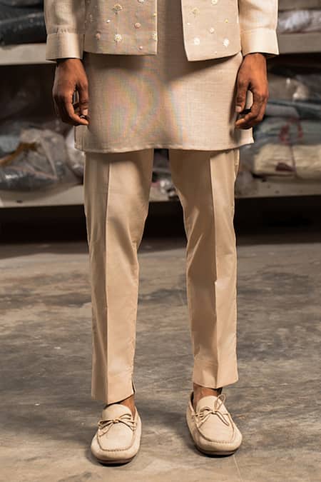 Buy_Project Bandi_Beige Bundi Pure Linen Embroidery Thread And Kurta Set _Online_at_Aza_Fashions