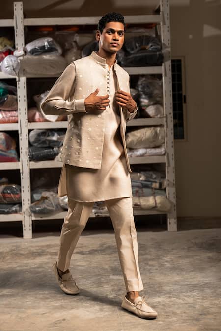 Shop_Project Bandi_Beige Bundi Pure Linen Embroidery Thread And Kurta Set _Online_at_Aza_Fashions