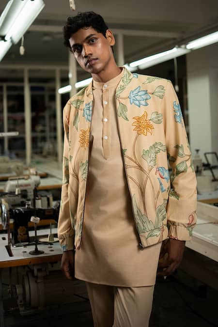 Buy_Project Bandi_Beige Bomber Jacket Handloom Cotton Printed Floral Bhoomi With Kurta Set_Online_at_Aza_Fashions