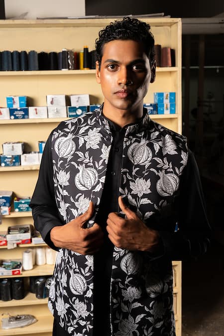 Shop_Project Bandi_Black Cotton Satin Printed Anar Nehru Jacket _at_Aza_Fashions