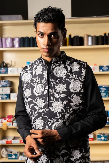 Project Bandi_Black Cotton Satin Printed Anar Nehru Jacket _Online_at_Aza_Fashions