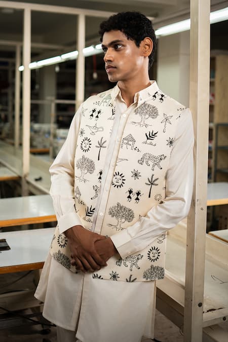 Shop_Project Bandi_White Linen Satin Printed Kantha Nehru Jacket _at_Aza_Fashions