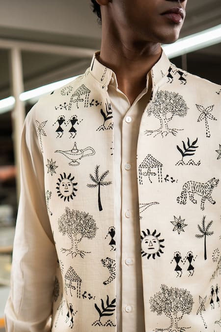 Project Bandi_White Linen Satin Printed Kantha Nehru Jacket _Online_at_Aza_Fashions