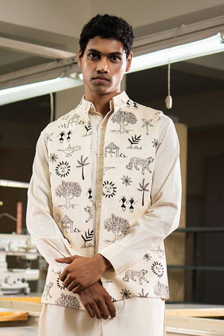 Buy_Project Bandi_White Bundi Linen Satin Printed Kantha Nehru Jacket And Kurta Set _Online_at_Aza_Fashions