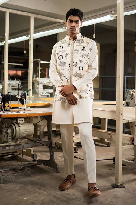 Shop_Project Bandi_White Bundi Linen Satin Printed Kantha Nehru Jacket And Kurta Set _Online_at_Aza_Fashions