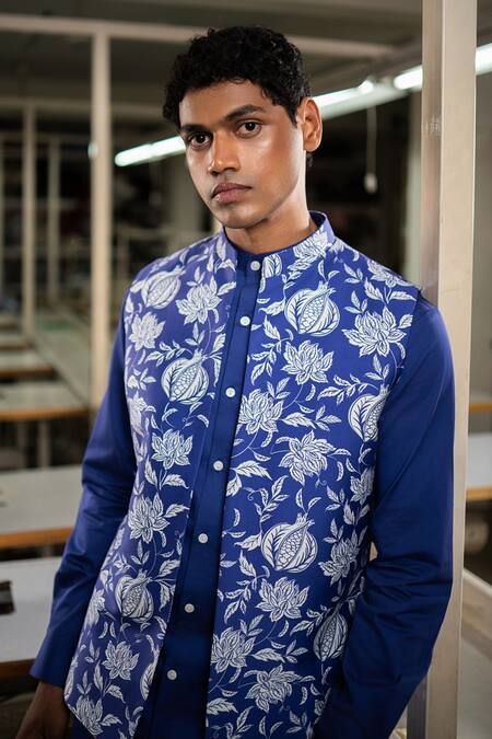 Shop_Project Bandi_Blue Cotton Satin Printed Anar Nehru Jacket_at_Aza_Fashions