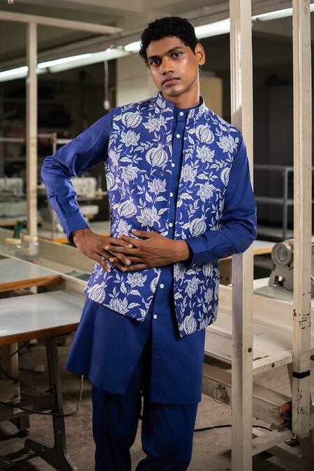 Buy_Project Bandi_Blue Cotton Satin Printed Anar Nehru Jacket And Kurta Set_Online_at_Aza_Fashions
