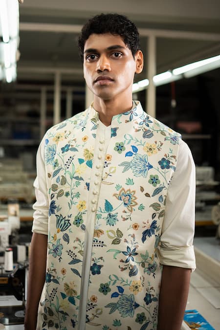 Shop_Project Bandi_Ivory Cotton Satin Printed Floral Nehru Jacket _at_Aza_Fashions