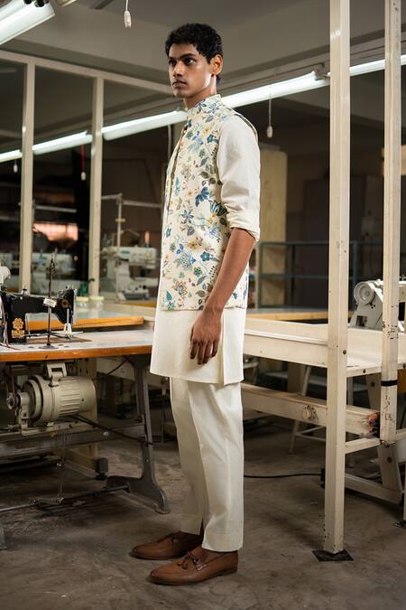 Project Bandi_Ivory Bundi Cotton Satin Printed Flora Nehru Jacket Kurta Set _Online_at_Aza_Fashions