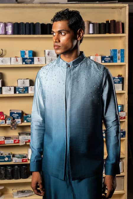 Shop_Project Bandi_Blue Linen Satin Hand Embroidered Ombre Dark Nehru Jacket _at_Aza_Fashions
