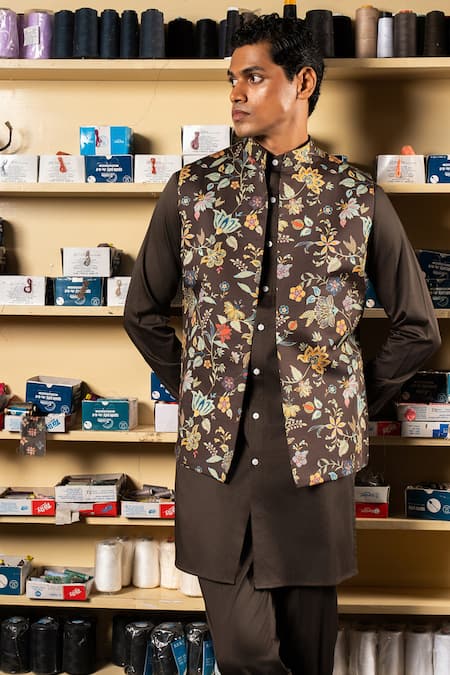 Shop_Project Bandi_Brown Cotton Satin Printed Floral Veil Nehru Jacket _at_Aza_Fashions