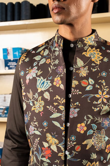 Project Bandi_Brown Cotton Satin Printed Floral Veil Nehru Jacket _Online_at_Aza_Fashions