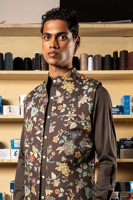 Project Bandi_Brown Cotton Satin Printed Floral Veil Nehru Jacket Set _Online_at_Aza_Fashions