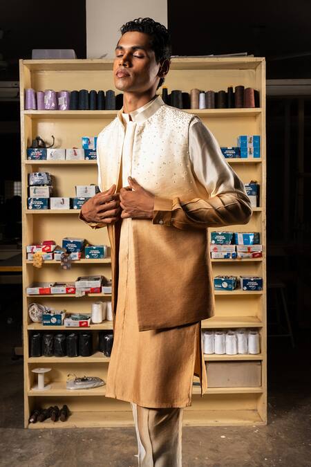 Shop_Project Bandi_Gold Linen Satin Hand Embroidered Ombre Nehru Jacket_at_Aza_Fashions
