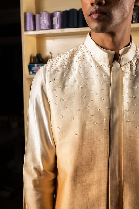 Project Bandi_Gold Linen Satin Hand Embroidered Ombre Nehru Jacket_Online_at_Aza_Fashions