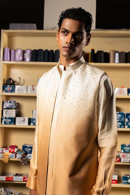 Shop Project Bandi Gold Linen, Satin Crystals, Beads, Diamonds Ombre Nehru Jacket And Kurta Set at Aza Fashions Shop_Project Bandi_Gold Linen, Satin Crystals, Beads, Diamonds Ombre Nehru Jacket And Kurta Set_at_Aza_Fashions