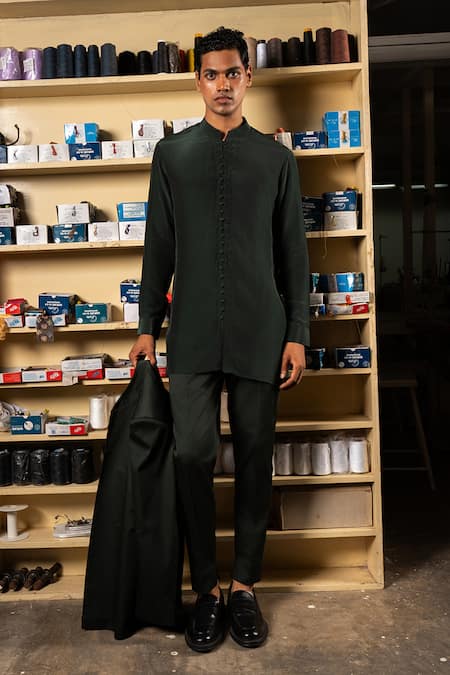 Shop Project Bandi Green Kurta Viscose Natural Crape Solid Sheher With Pyjama at Aza Fashions Shop_Project Bandi_Green Kurta Viscose Natural Crape Solid Sheher With Pyjama_at_Aza_Fashions