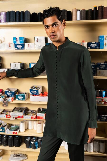 Buy Project Bandi Green Kurta Viscose Natural Crape Solid Sheher With Pyjama Online at Aza Fashions Buy_Project Bandi_Green Kurta Viscose Natural Crape Solid Sheher With Pyjama_Online_at_Aza_Fashions