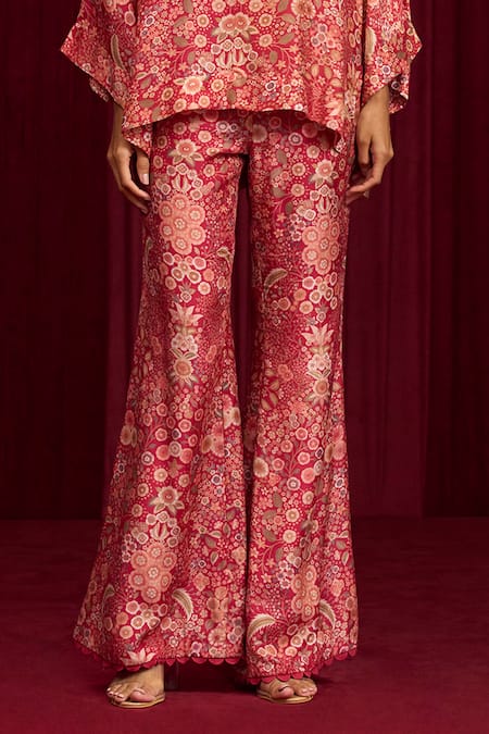 Ridhi Mehra_Red Silk Beads Collared Swing Floral Blossom Print Shirt With Pant _Online_at_Aza_Fashions
