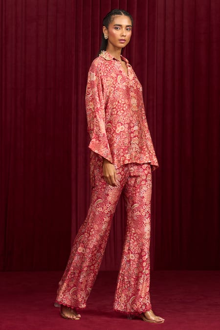 Buy_Ridhi Mehra_Red Silk Beads Collared Swing Floral Blossom Print Shirt With Pant _Online_at_Aza_Fashions