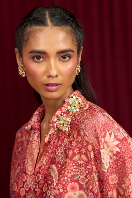 Shop_Ridhi Mehra_Red Silk Beads Collared Swing Floral Blossom Print Shirt With Pant _Online_at_Aza_Fashions