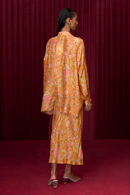 Shop Ridhi Mehra Yellow Silk Sequins, Pearls Collared Harmony Floral Print Shirt With Skirt at Aza Fashions Shop_Ridhi Mehra_Yellow Silk Sequins, Pearls Collared Harmony Floral Print Shirt With Skirt _at_Aza_Fashions