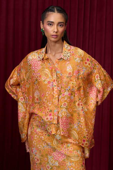 Ridhi Mehra Yellow Silk Sequins, Pearls Collared Harmony Floral Print Shirt With Skirt Online at Aza Fashions Ridhi Mehra_Yellow Silk Sequins, Pearls Collared Harmony Floral Print Shirt With Skirt _Online_at_Aza_Fashions