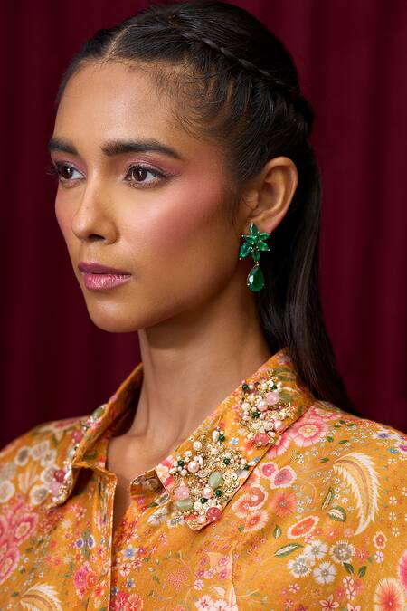 Buy Ridhi Mehra Yellow Silk Sequins, Pearls Collared Harmony Floral Print Shirt With Skirt Online at Aza Fashions Buy_Ridhi Mehra_Yellow Silk Sequins, Pearls Collared Harmony Floral Print Shirt With Skirt _Online_at_Aza_Fashions