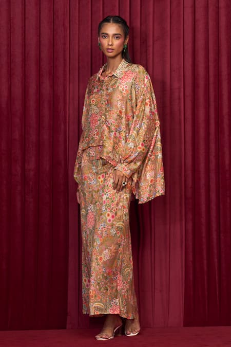 Ridhi Mehra Green Silk Sequins, Beads Collared Groove Floral Print Shirt With Skirt Online at Aza Fashions Ridhi Mehra_Green Silk Sequins, Beads Collared Groove Floral Print Shirt With Skirt _Online_at_Aza_Fashions