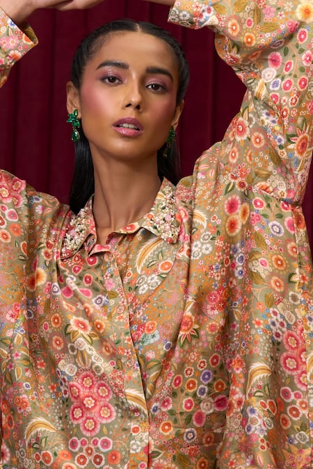 Shop Ridhi Mehra Green Silk Sequins, Beads Collared Groove Floral Print Shirt With Skirt Online at Aza Fashions Shop_Ridhi Mehra_Green Silk Sequins, Beads Collared Groove Floral Print Shirt With Skirt _Online_at_Aza_Fashions