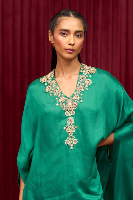 Buy_Ridhi Mehra_Green Cotton, Silk Sequins Lilt Placement Embroidered Cape With Skirt _Online_at_Aza_Fashions