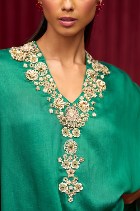 Shop_Ridhi Mehra_Green Cotton, Silk Sequins Lilt Placement Embroidered Cape With Skirt _Online_at_Aza_Fashions