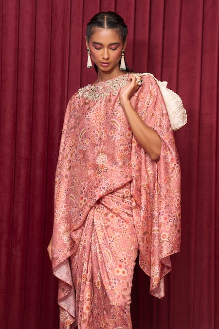 Ridhi Mehra Pink Silk Pearls, Sequins Serenade Floral Print Cape With Skirt Online at Aza Fashions Ridhi Mehra_Pink Silk Pearls, Sequins Serenade Floral Print Cape With Skirt _Online_at_Aza_Fashions