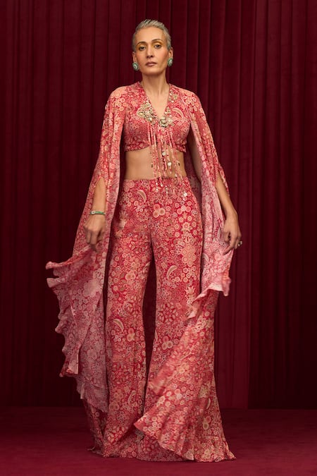 Buy Ridhi Mehra Red Georgette Sequins, Pearls V-neck Rhythm Floral Print Cape Pant Set Online at Aza Fashions Buy_Ridhi Mehra_Red Georgette Sequins, Pearls V-neck Rhythm Floral Print Cape Pant Set _Online_at_Aza_Fashions