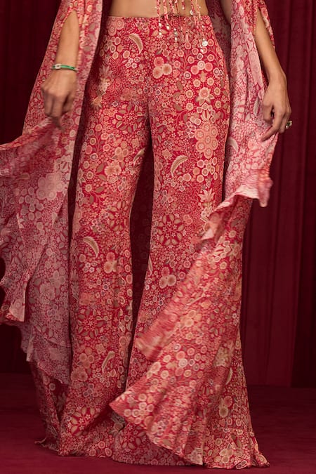 Ridhi Mehra Red Georgette Sequins, Pearls V-neck Rhythm Floral Print Cape Pant Set at Aza Fashions Ridhi Mehra_Red Georgette Sequins, Pearls V-neck Rhythm Floral Print Cape Pant Set _at_Aza_Fashions