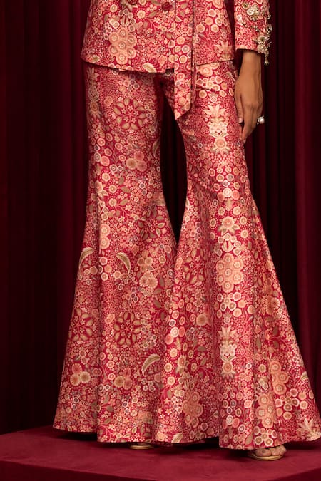 Buy_Ridhi Mehra_Red Silk Pearls, Sequins Collared Cadence Floral Print Jacket Pant Set _Online_at_Aza_Fashions