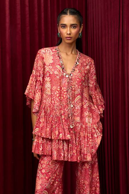 Buy_Ridhi Mehra_Red Silk Pearls, Sequins, Embroidery V-neck Melody Floral Print Tunic With Pant _Online_at_Aza_Fashions