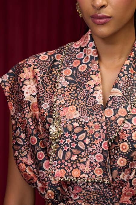 Buy_Ridhi Mehra_Black Silk Sequins V-neck Jive Floral Print Jacket With Pant _Online_at_Aza_Fashions