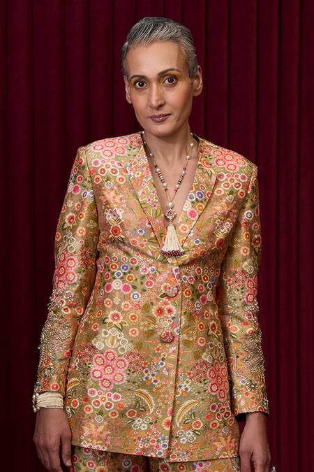 Ridhi Mehra_Green Silk Embroidery, Sequins V-neck Pulse Floral Print Jacket With Palazzo _Online_at_Aza_Fashions