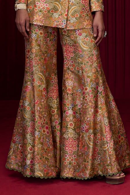 Buy_Ridhi Mehra_Green Silk Embroidery, Sequins V-neck Pulse Floral Print Jacket With Palazzo _Online_at_Aza_Fashions