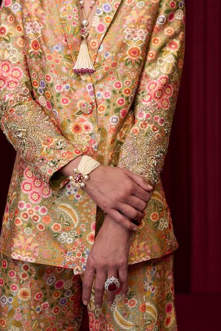 Shop_Ridhi Mehra_Green Silk Embroidery, Sequins V-neck Pulse Floral Print Jacket With Palazzo _Online_at_Aza_Fashions